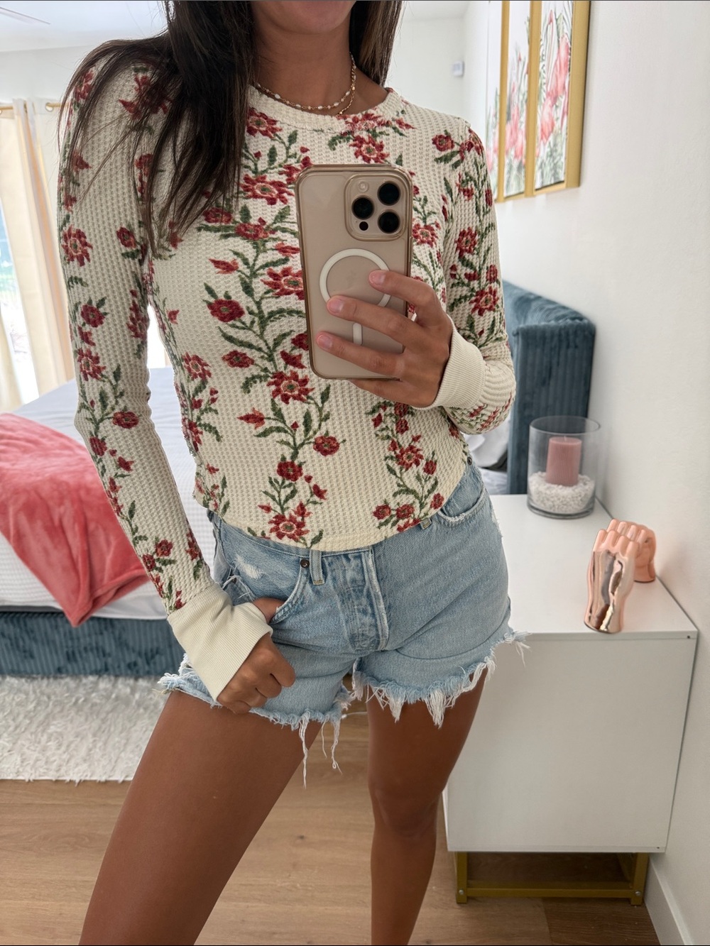 Free People Cream Long-Sleeve Waffle Knit Top with Red Floral Print